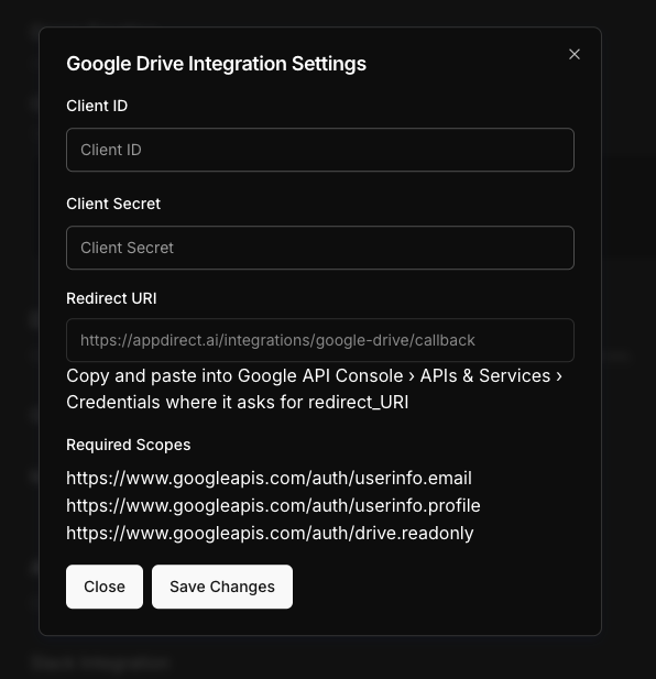 GDrive edit settings modal